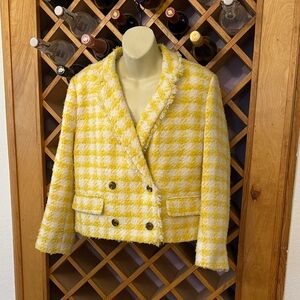 Ann Taylor Sunny Yellow Checkered Blazer Tweed Frayed